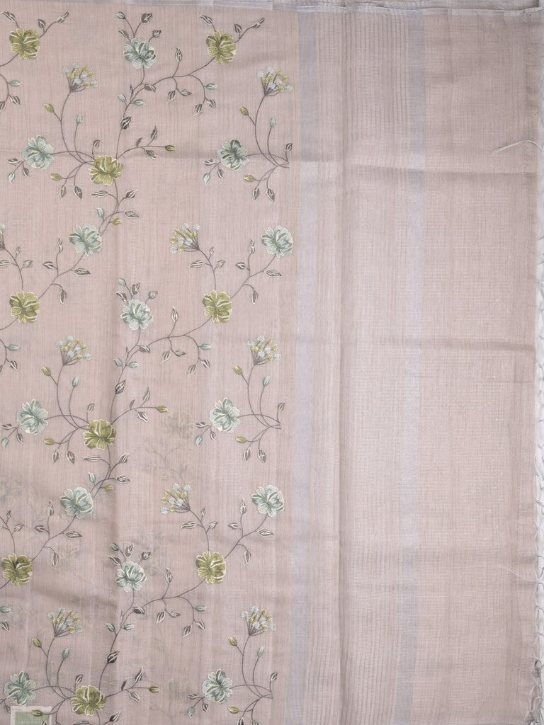 Kota fancy saree pastel peach color allover embroidery with striped pallu plain attached plain blouse
