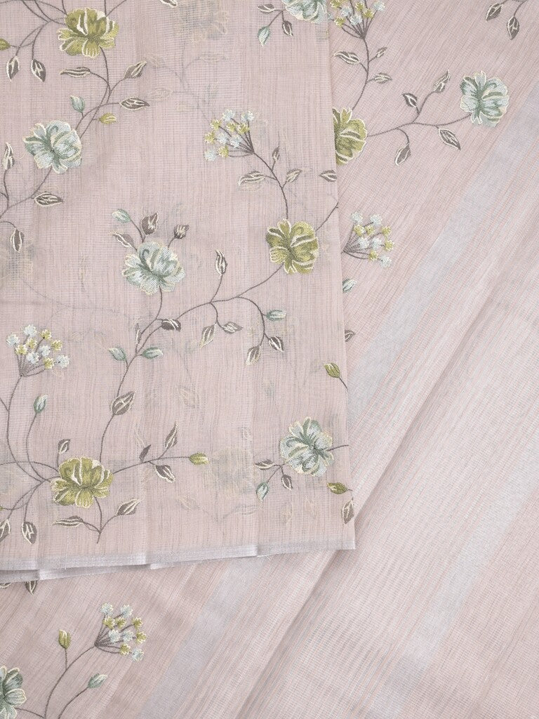 Kota fancy saree pastel peach color allover embroidery with striped pallu plain attached plain blouse