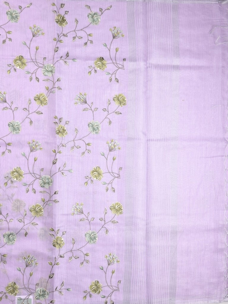 Kota fancy saree light lavender color allover embroidery with striped pallu plain attached plain blouse