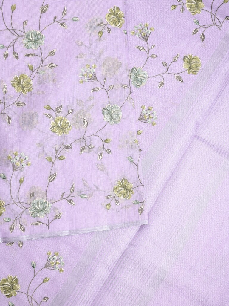 Kota fancy saree light lavender color allover embroidery with striped pallu plain attached plain blouse