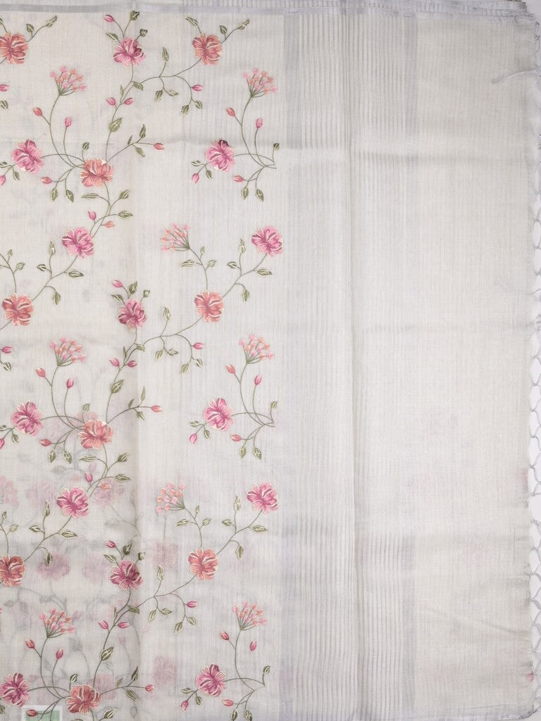 Kota fancy saree white color allover embroidery with striped pallu plain attached plain blouse