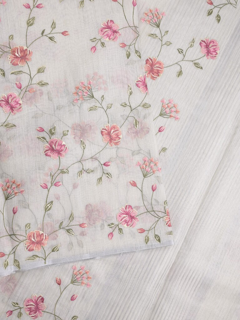 Kota fancy saree white color allover embroidery with striped pallu plain attached plain blouse