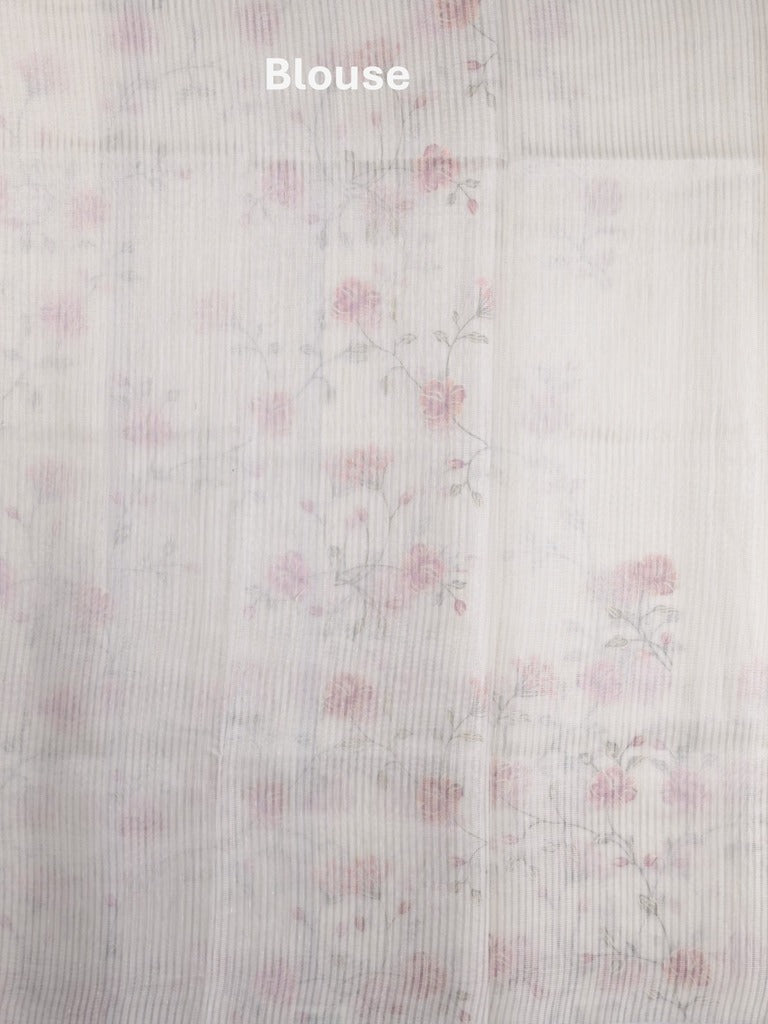 Kota fancy saree white color allover embroidery with striped pallu plain attached plain blouse