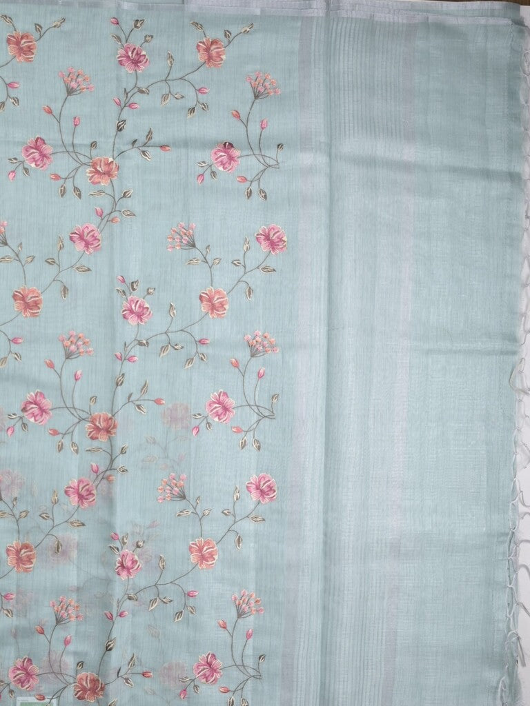 Kota fancy saree light blue color allover embroidery with striped pallu plain attached plain blouse