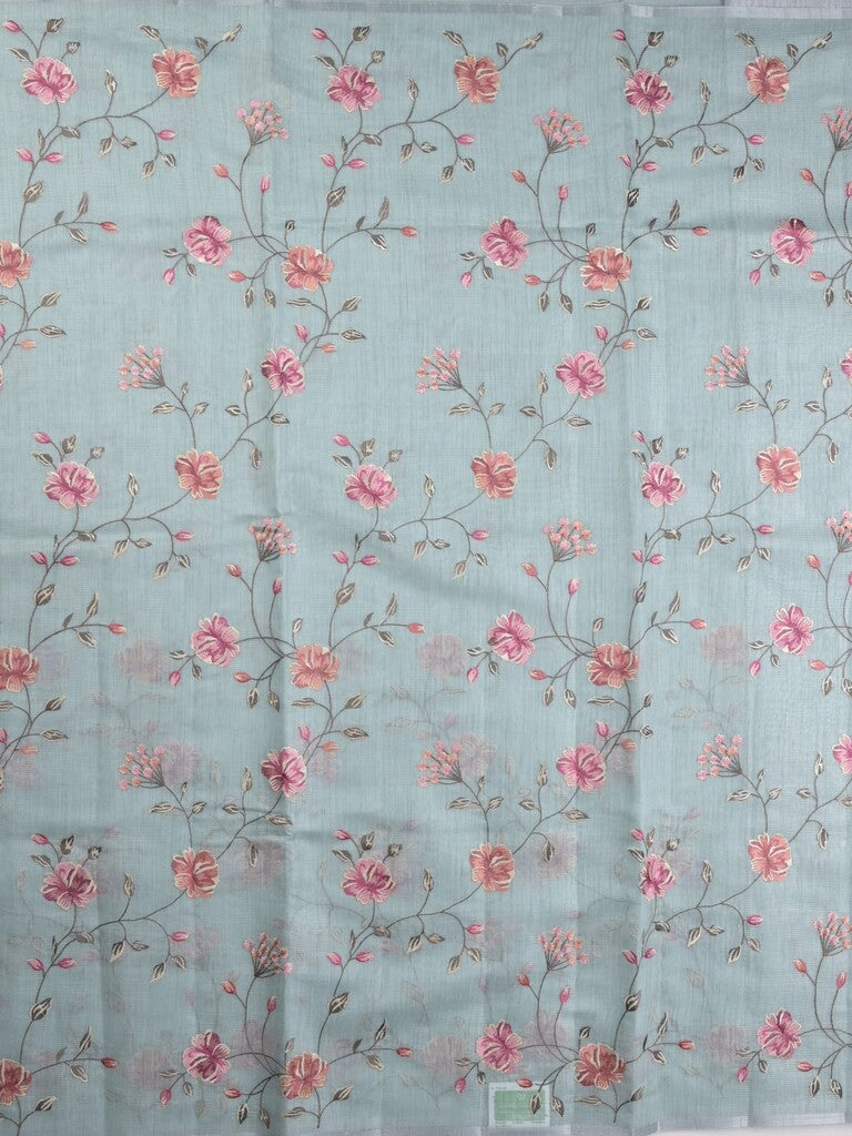 Kota fancy saree light blue color allover embroidery with striped pallu plain attached plain blouse