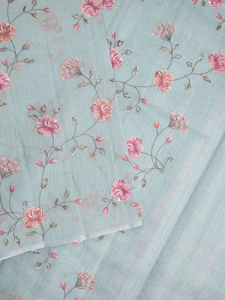 Kota fancy saree light blue color allover embroidery with striped pallu plain attached plain blouse