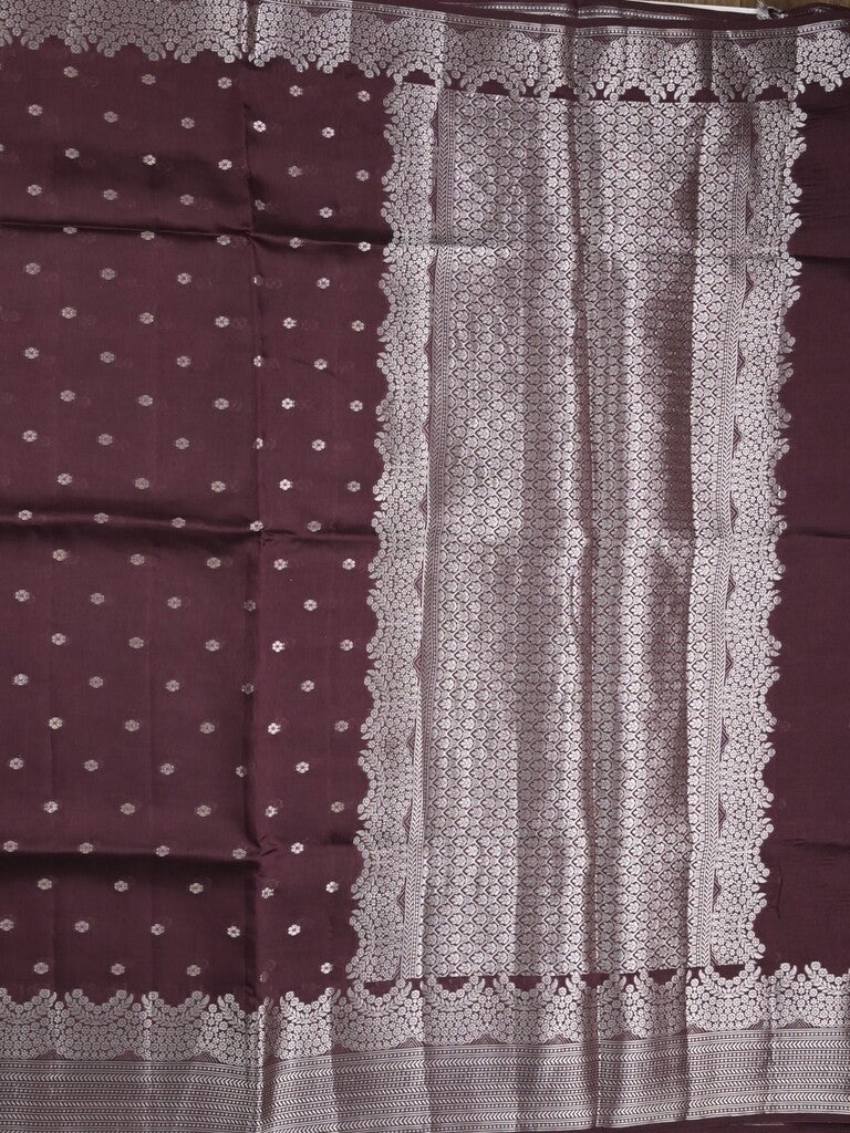 Raw mango fancy saree dark maroon color allover zari motifs & zari border with zari pallu and attached self blouse