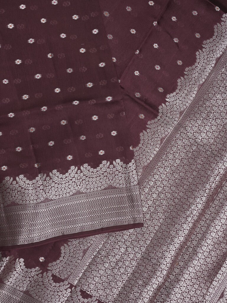 Raw mango fancy saree dark maroon color allover zari motifs & zari border with zari pallu and attached self blouse