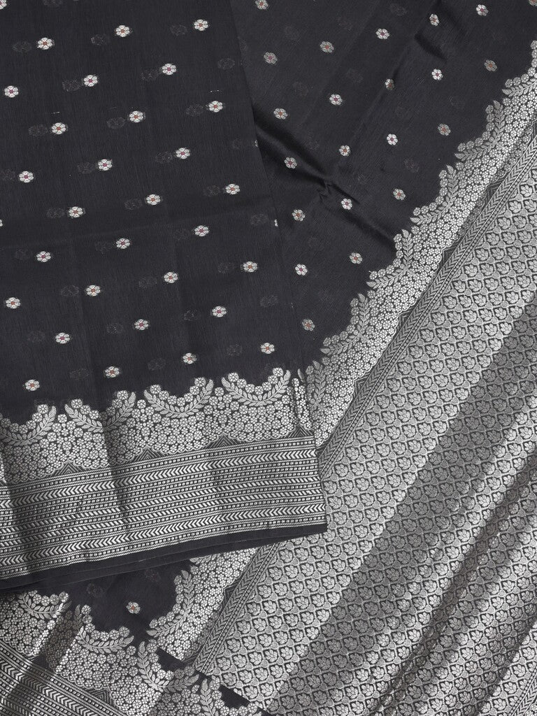 Raw mango fancy saree black color allover zari motifs & zari border with zari pallu and attached self blouse