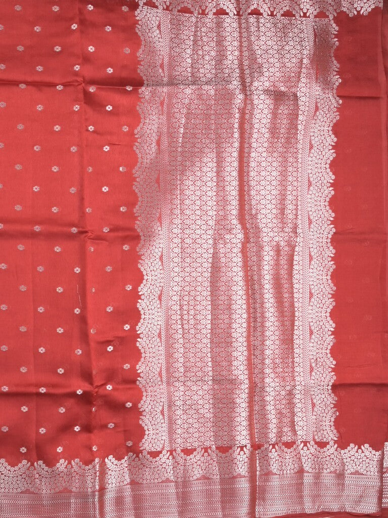 Raw mango fancy saree red color allover zari motifs & zari border with zari pallu and attached self blouse