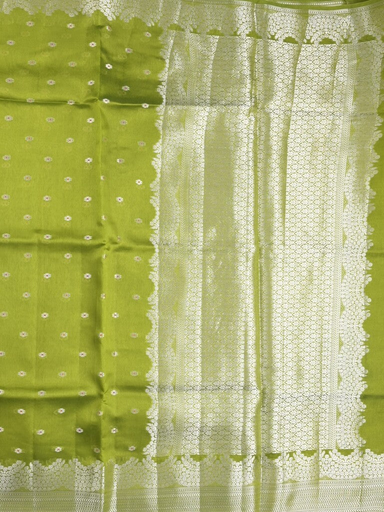 Raw mango fancy saree parrot green color allover zari motifs & zari border with zari pallu and attached self blouse