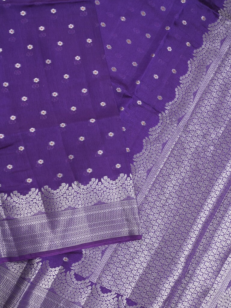 Raw mango fancy saree dark blue color allover zari motifs & zari border with zari pallu and attached self blouse