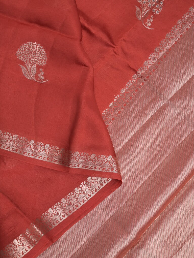 Raw mango fancy saree red color allover zari motifs & zari border with zari pallu and attached self blouse