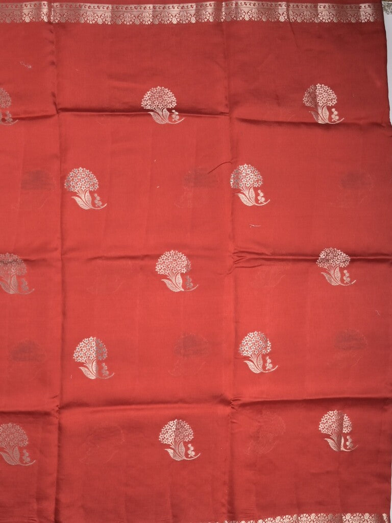 Raw mango fancy saree red color allover zari motifs & zari border with zari pallu and attached self blouse