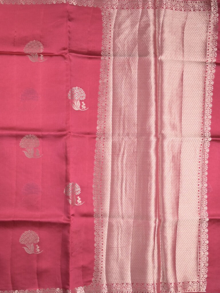 Raw mango fancy saree dark pink color allover zari motifs & zari border with zari pallu and attached self blouse