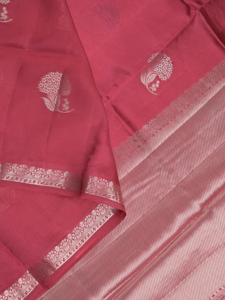 Raw mango fancy saree dark pink color allover zari motifs & zari border with zari pallu and attached self blouse