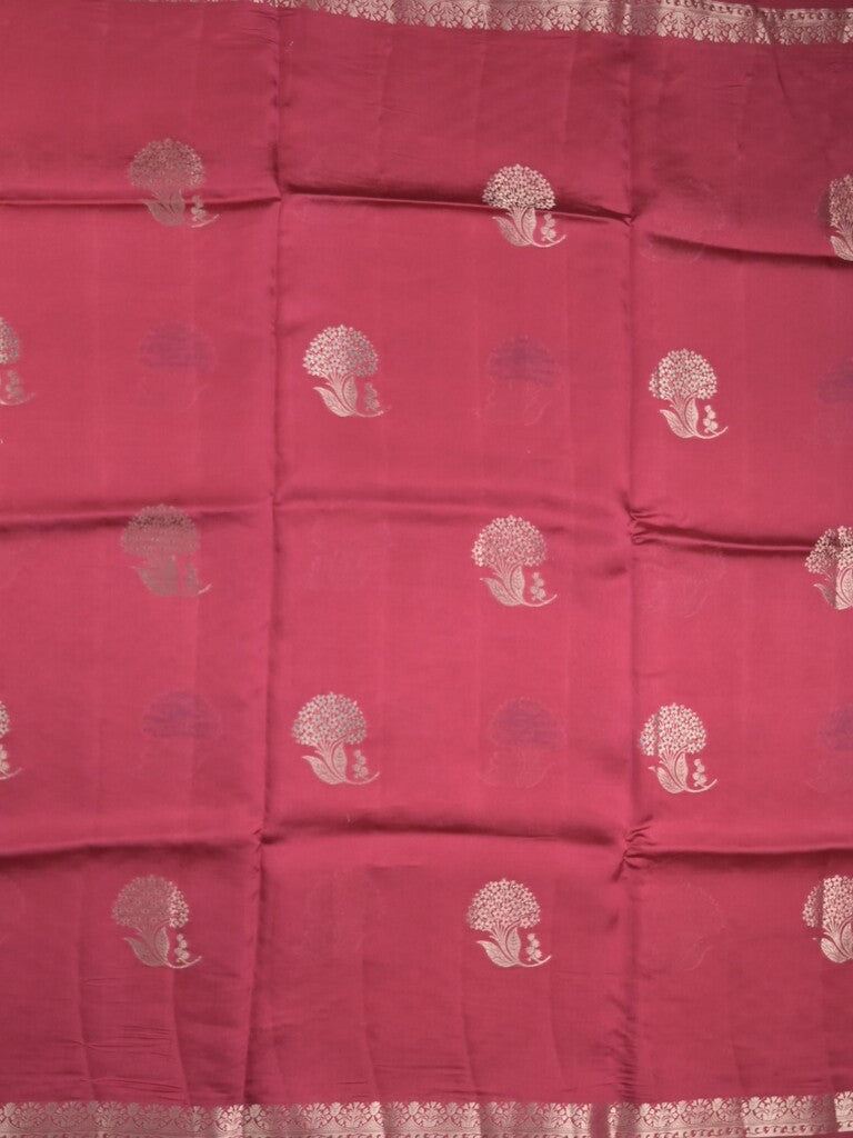 Raw mango fancy saree dark pink color allover zari motifs & zari border with zari pallu and attached self blouse