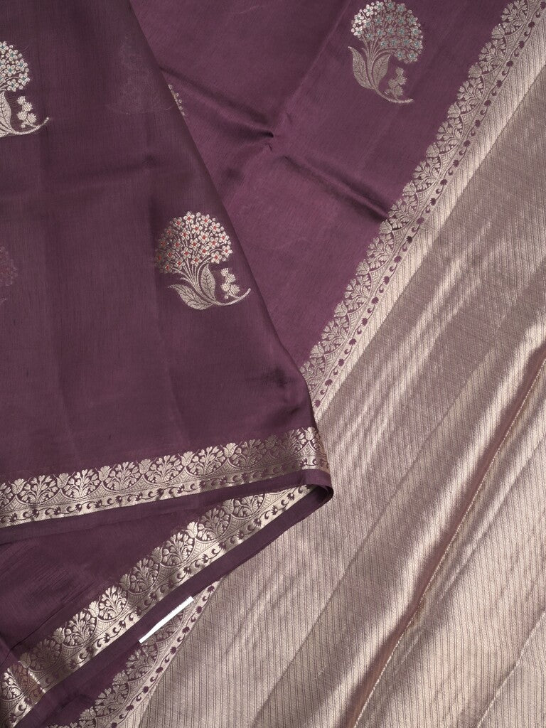 Raw mango fancy saree dark wine color allover zari motifs & zari border with zari pallu and attached self blouse