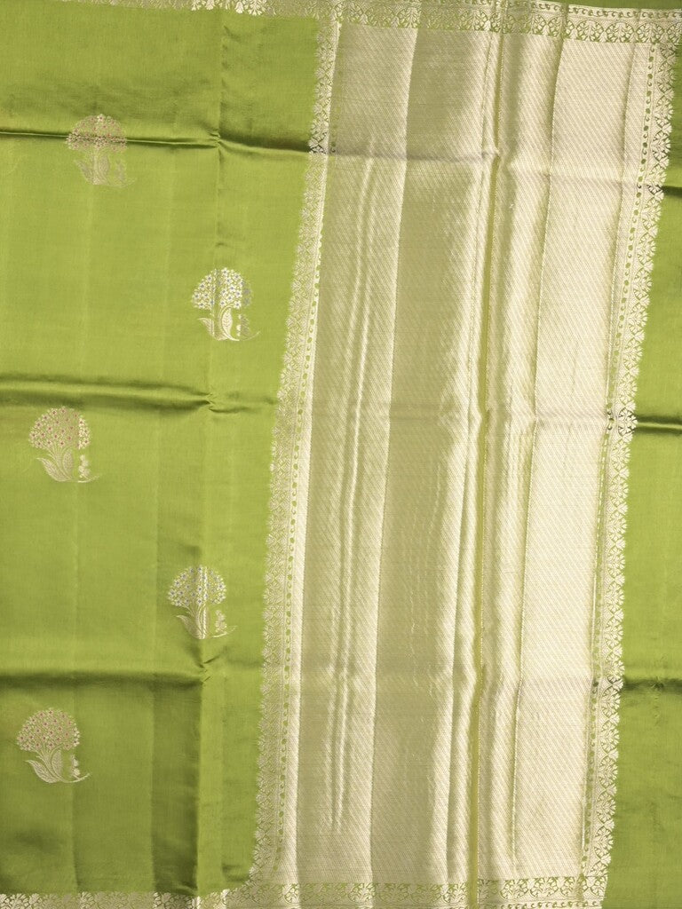 Raw mango fancy saree parrot green color allover zari motifs & zari border with zari pallu and attached self blouse