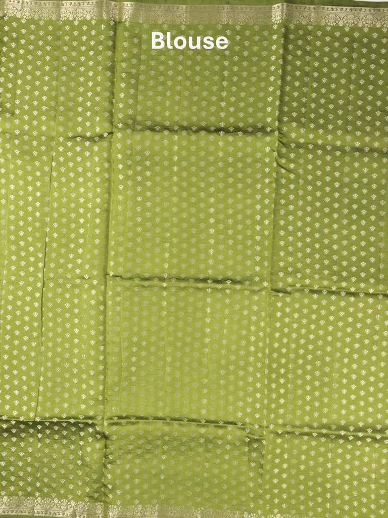 Raw mango fancy saree parrot green color allover zari motifs & zari border with zari pallu and attached self blouse