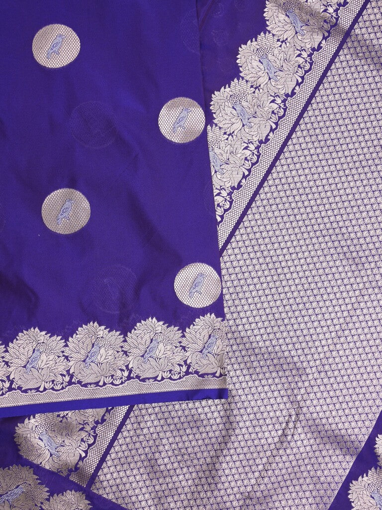 Raw mango fancy saree royal blue color allover zari motifs & zari border with zari pallu and attached self blouse
