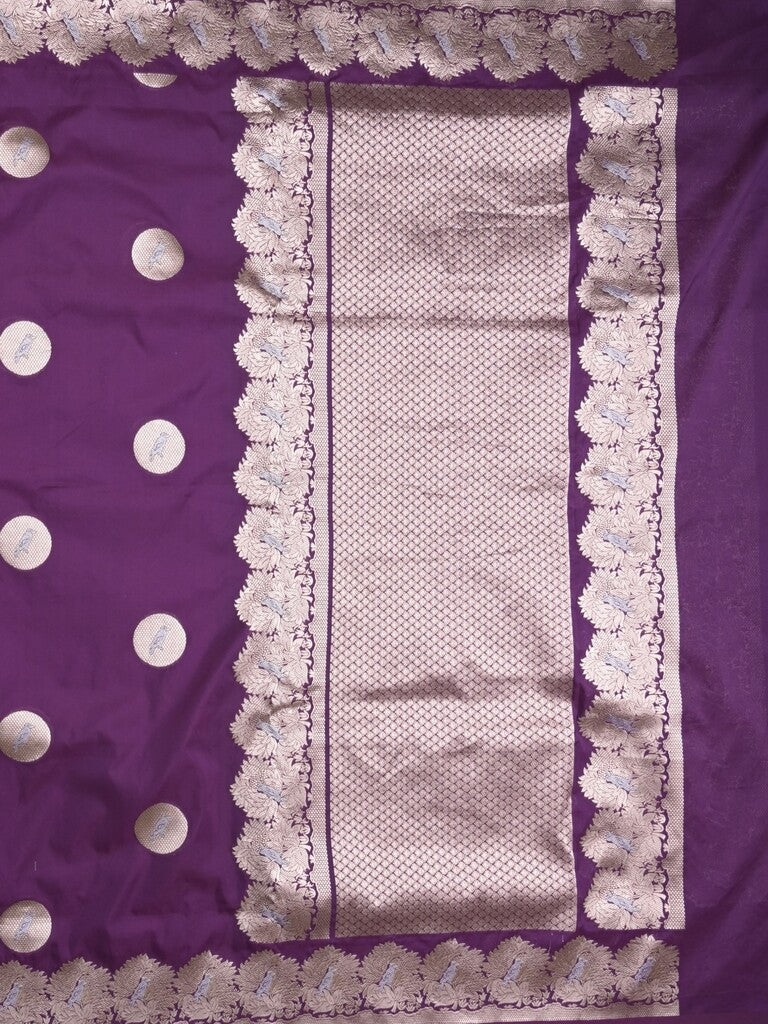 Raw mango fancy saree violet color allover zari motifs & zari border with zari pallu and attached self blouse