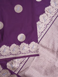 Raw mango fancy saree violet color allover zari motifs & zari border with zari pallu and attached self blouse