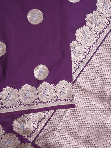 Raw mango fancy saree violet color allover zari motifs & zari border with zari pallu and attached self blouse