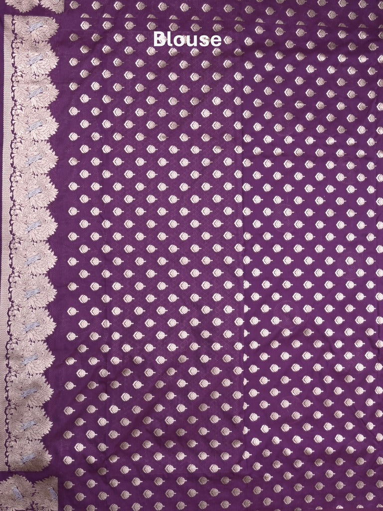 Raw mango fancy saree violet color allover zari motifs & zari border with zari pallu and attached self blouse