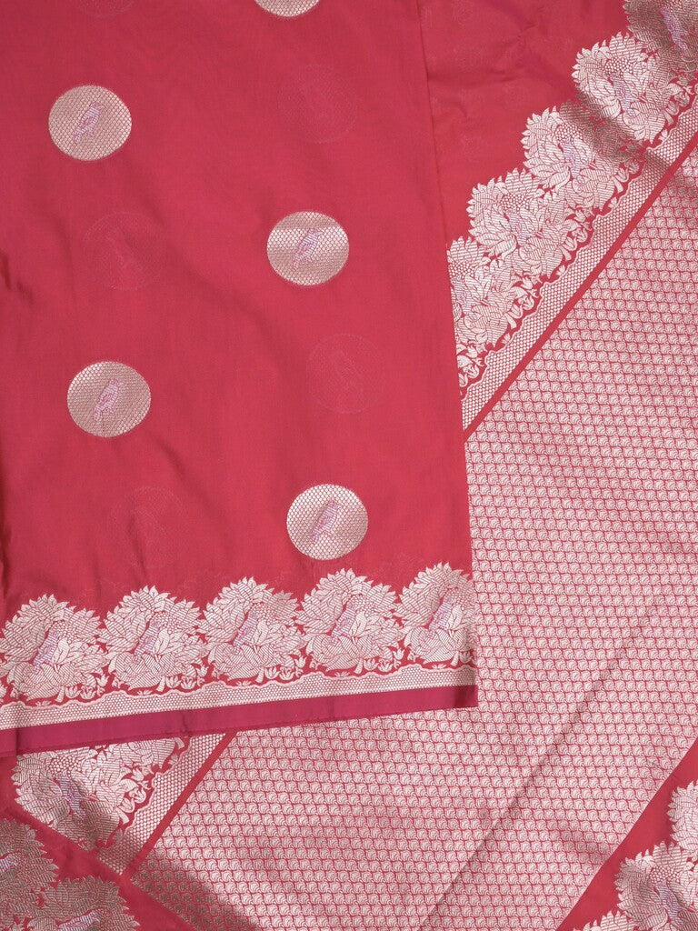 Raw mango fancy saree red color allover zari motifs & zari border with zari pallu and attached self blouse
