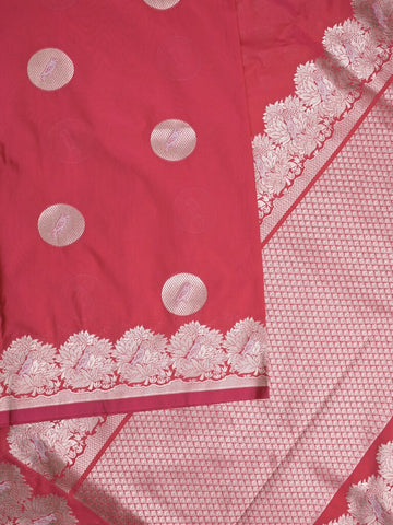 Raw mango fancy saree red color allover zari motifs & zari border with zari pallu and attached self blouse