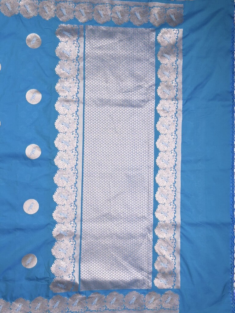 Raw mango fancy saree blue color allover zari motifs & zari border with zari pallu and attached self blouse