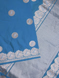 Raw mango fancy saree blue color allover zari motifs & zari border with zari pallu and attached self blouse