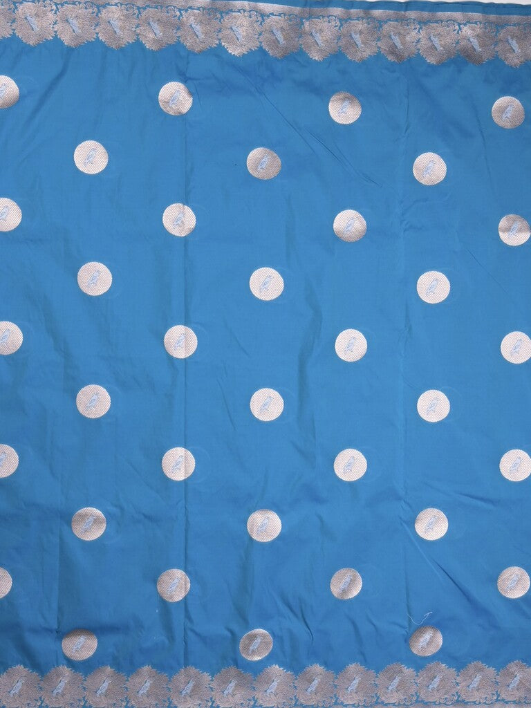 Raw mango fancy saree blue color allover zari motifs & zari border with zari pallu and attached self blouse