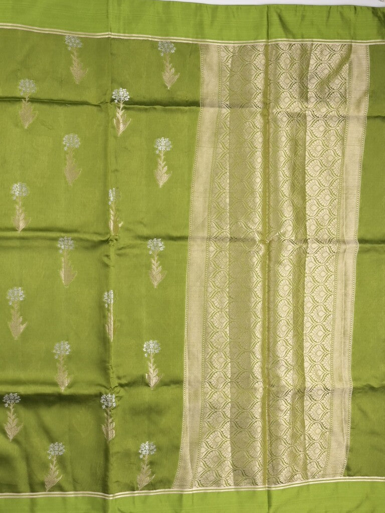 Raw mango fancy saree parrot green color allover zari motifs & zari border with zari pallu and attached self blouse