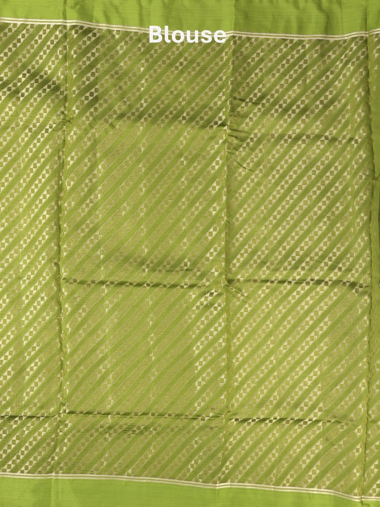 Raw mango fancy saree parrot green color allover zari motifs & zari border with zari pallu and attached self blouse