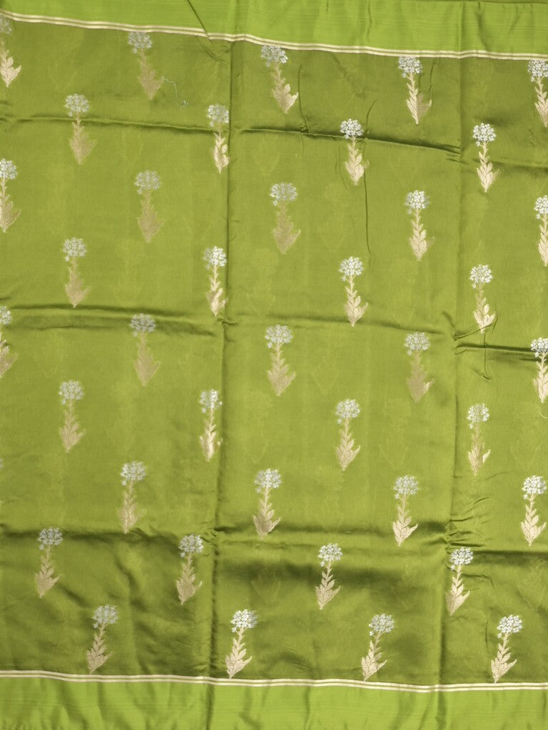 Raw mango fancy saree parrot green color allover zari motifs & zari border with zari pallu and attached self blouse