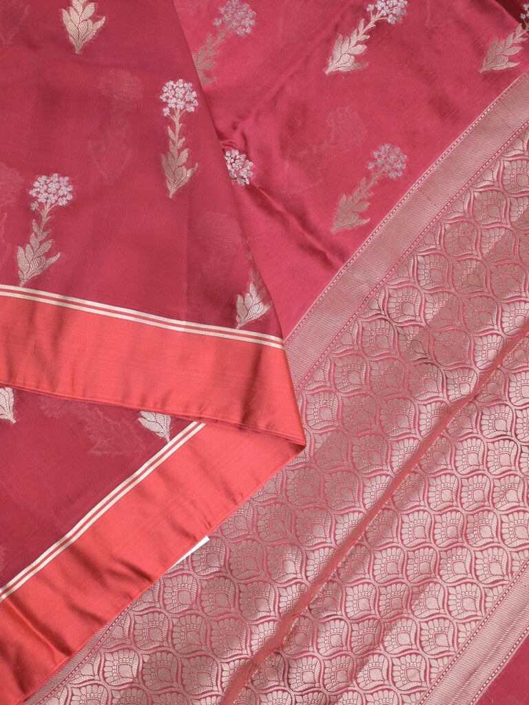Raw mango fancy saree dark pink color allover zari motifs & zari border with zari pallu and attached self blouse