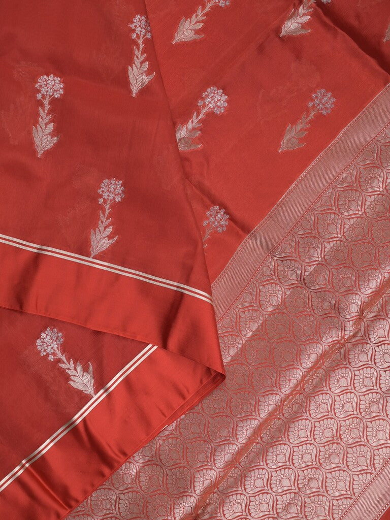 Raw mango fancy saree red color allover zari motifs & zari border with zari pallu and attached self blouse