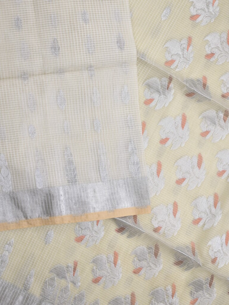 Jari kota fancy saree cream color allover zari motifs & zari border with zari pallu and attached self blouse
