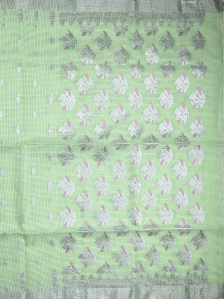 Jari kota fancy saree light lux green color allover zari motifs & zari border with zari pallu and attached self blouse