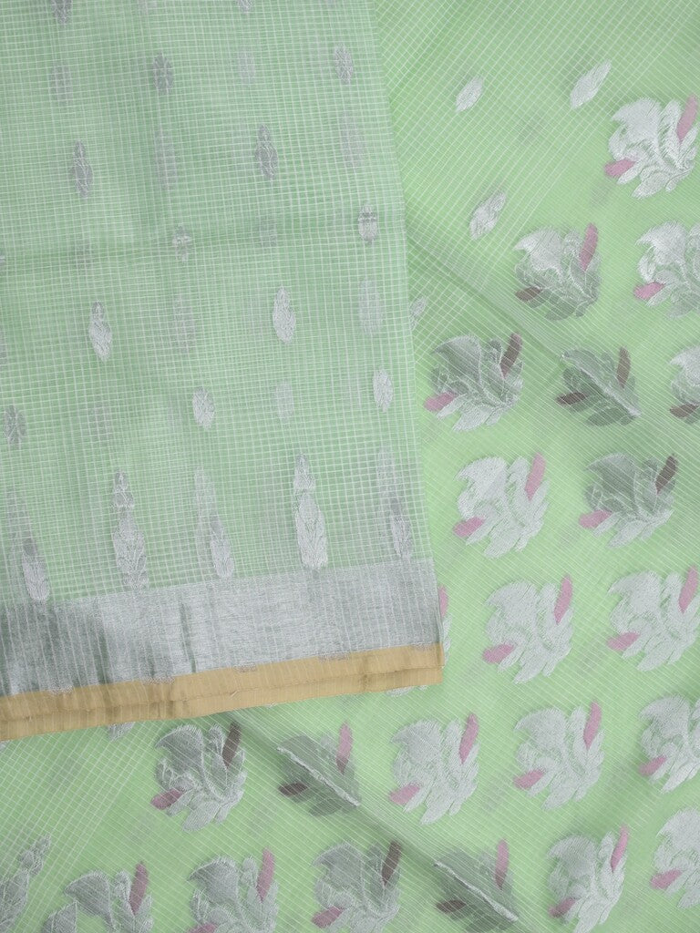 Jari kota fancy saree light lux green color allover zari motifs & zari border with zari pallu and attached self blouse