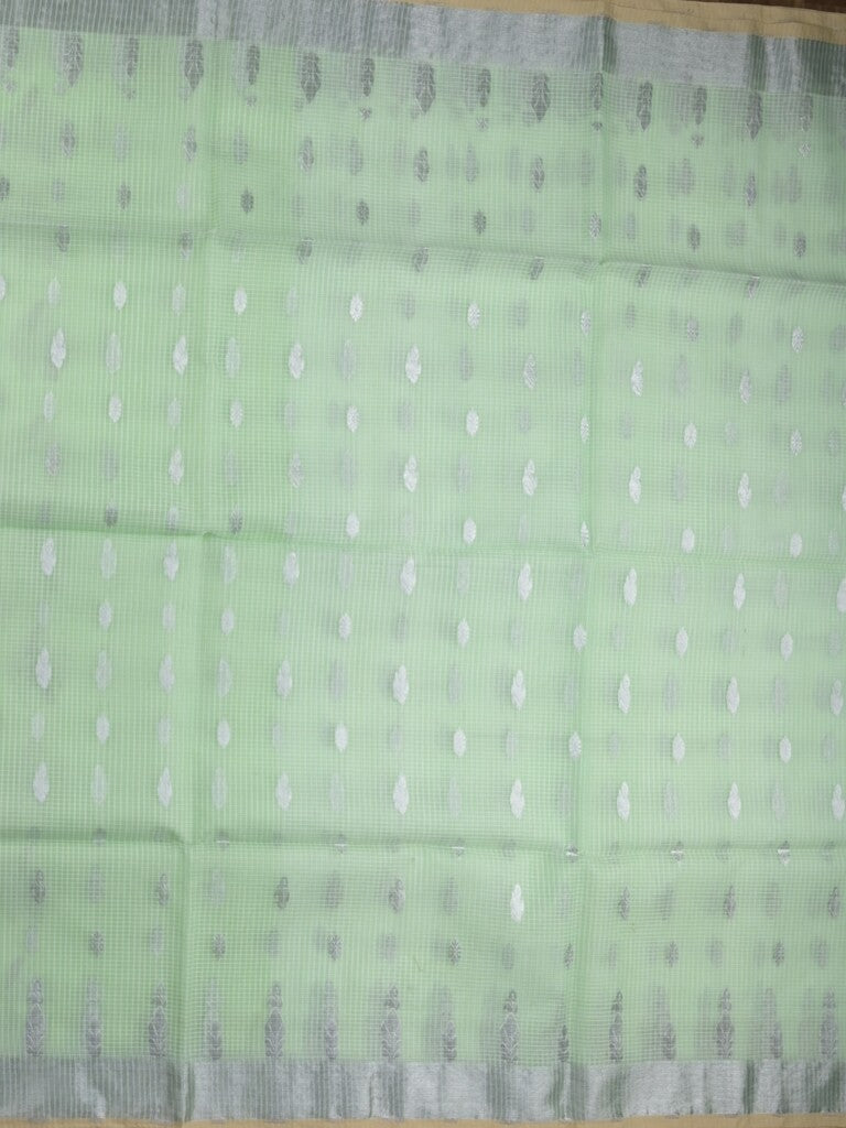 Jari kota fancy saree light lux green color allover zari motifs & zari border with zari pallu and attached self blouse