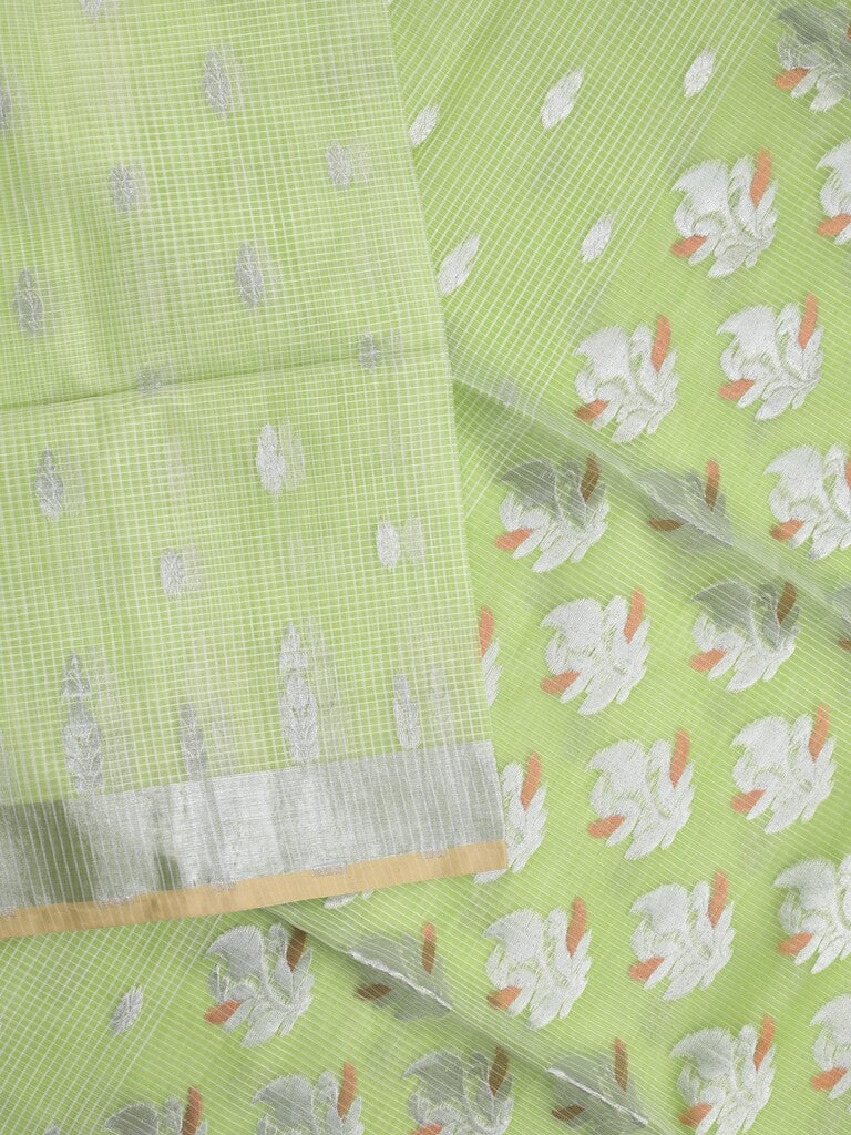 Jari kota fancy saree light green color allover zari motifs & zari border with zari pallu and attached self blouse