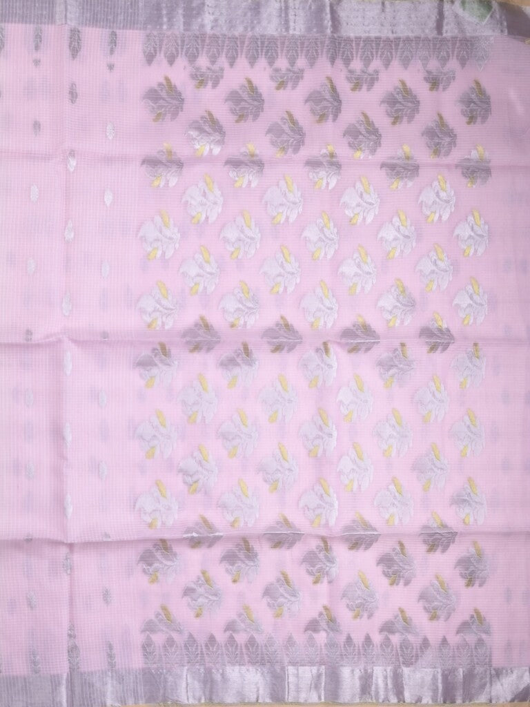 Jari kota fancy saree lavender color allover zari motifs & zari border with zari pallu and attached self blouse