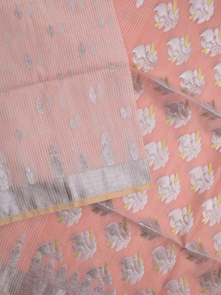 Jari kota fancy saree baby pink color allover zari motifs & zari border with zari pallu and attached self blouse