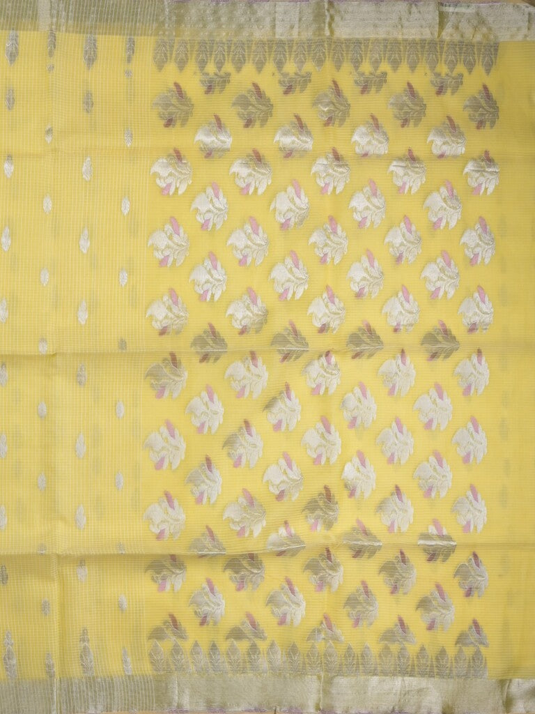 Jari kota fancy saree lemon yellow color allover zari motifs & zari border with zari pallu and attached self blouse