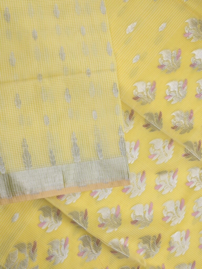 Jari kota fancy saree lemon yellow color allover zari motifs & zari border with zari pallu and attached self blouse