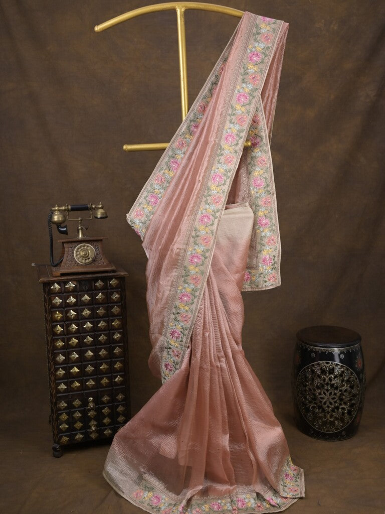 Tissue crush fancy saree peach color allover plain & embroidery border with running pallu and printed blouse