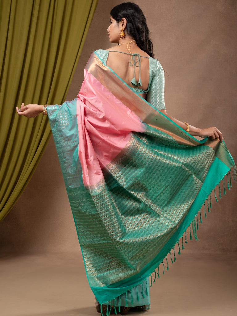 Kanchi pattu saree baby pink color allover zari weaves & zari border with contrast pallu and plain contrast blouse
